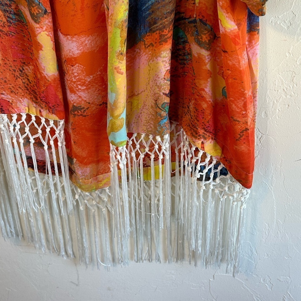 Gianni Bini Vibrant Multicolor Avant Garde Kimono Cover Up with Fringe Sz XL - Picture 2 of 12